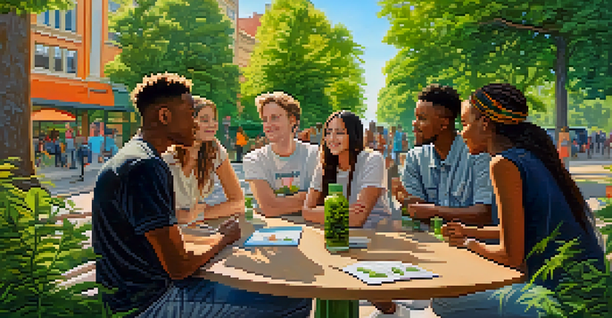 A group of young adults talking in a park about the benefits of cannabis, surrounded by greenery and colorful murals.