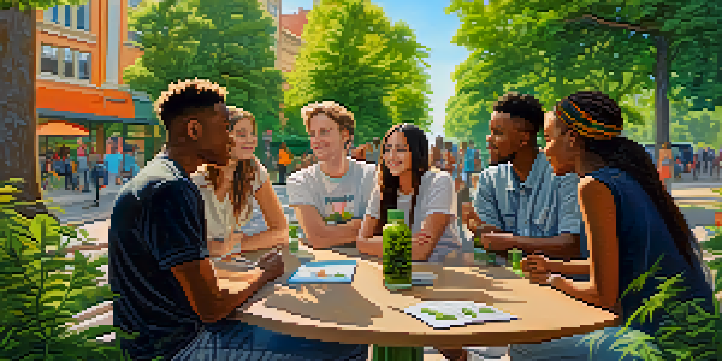 A group of young adults talking in a park about the benefits of cannabis, surrounded by greenery and colorful murals.