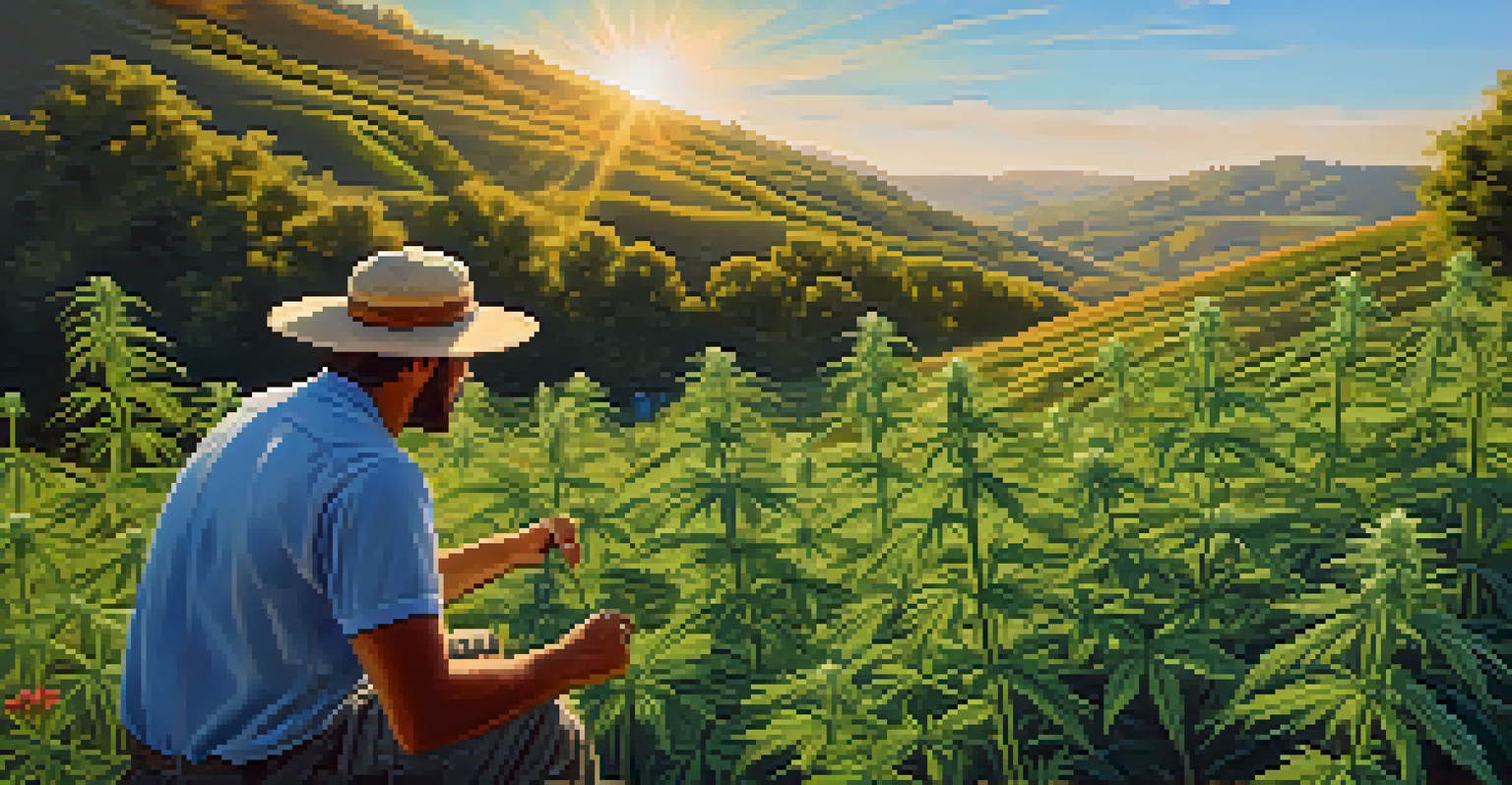 A peaceful cannabis farm with green plants, a farmer tending to them, under a clear sky with wildflowers in the foreground.
