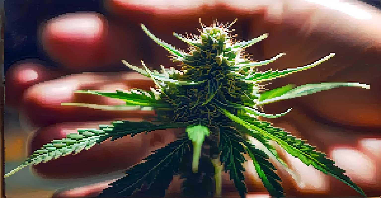 A close-up of a hand holding a cannabis bud, showcasing its detailed texture and vibrant colors against a blurred background.
