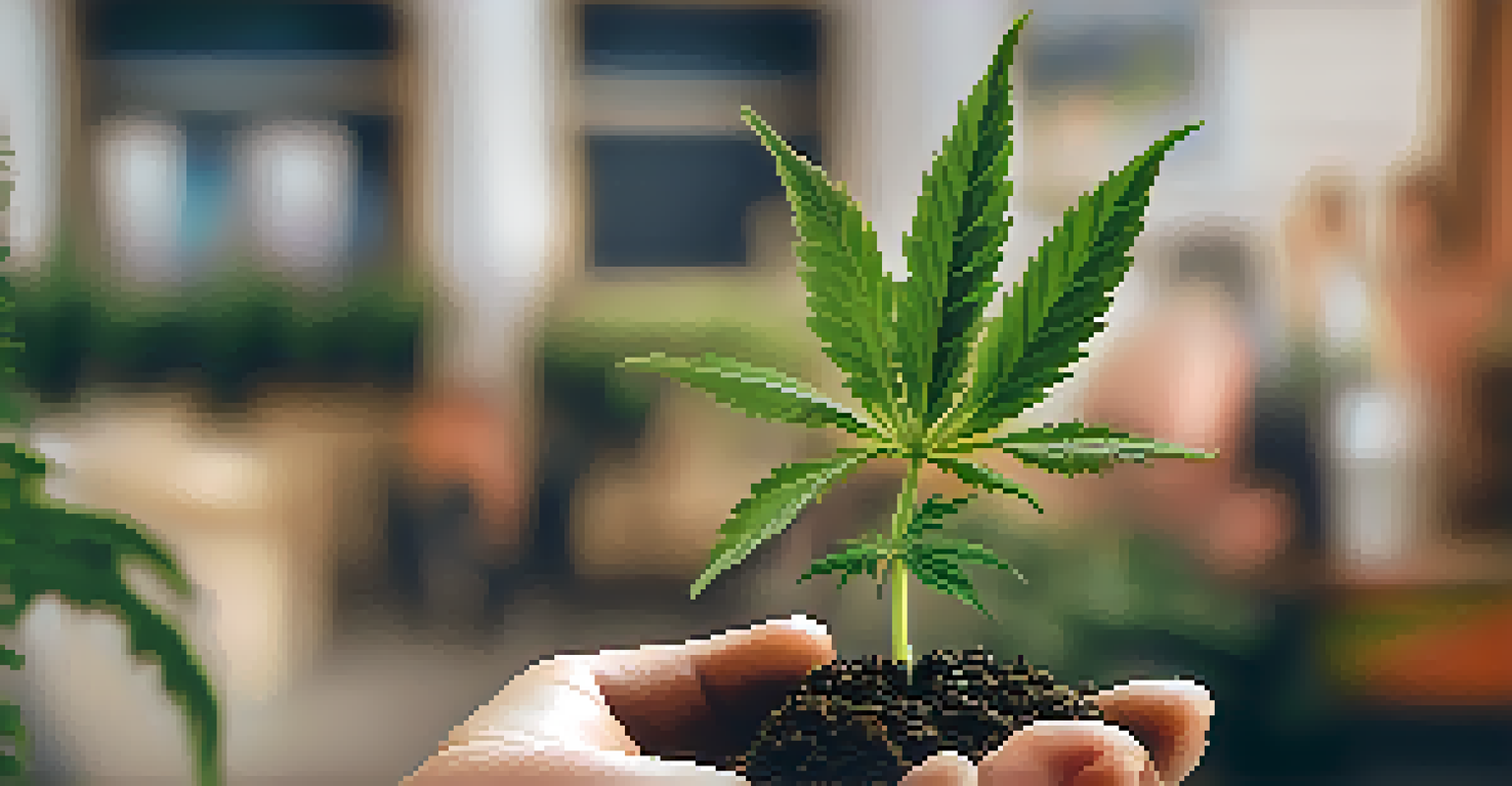 A close-up of a hand holding a cannabis plant, symbolizing growth and opportunity in the marijuana industry, with a blurred background of a community space.