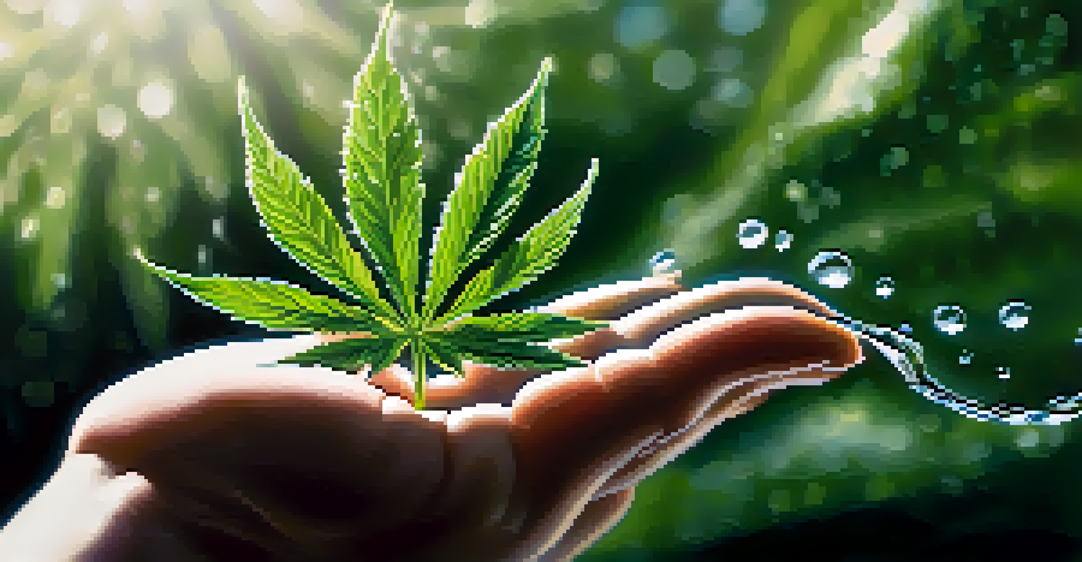 A close-up view of a hand holding a fresh cannabis leaf with water droplets, set against a blurred green garden background.