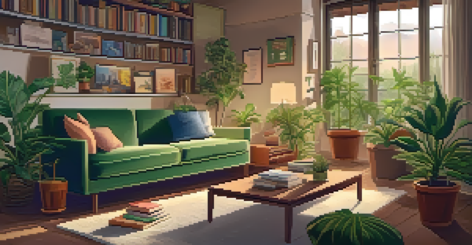 A person reading on a couch in a cozy room filled with plants, with cannabis-related educational materials on the coffee table.