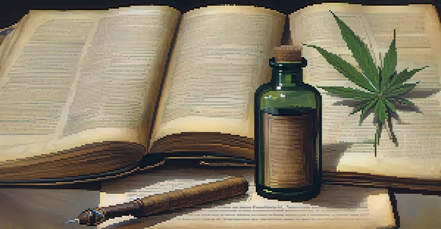 A close-up of an open medical text discussing cannabis, alongside an antique ink bottle and quill pen in a dimly lit study.