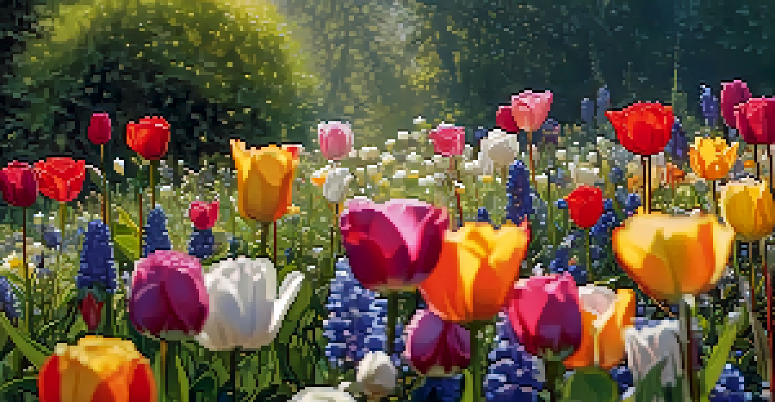 A close-up of a vibrant flower garden with various flowers and a honeybee collecting nectar.