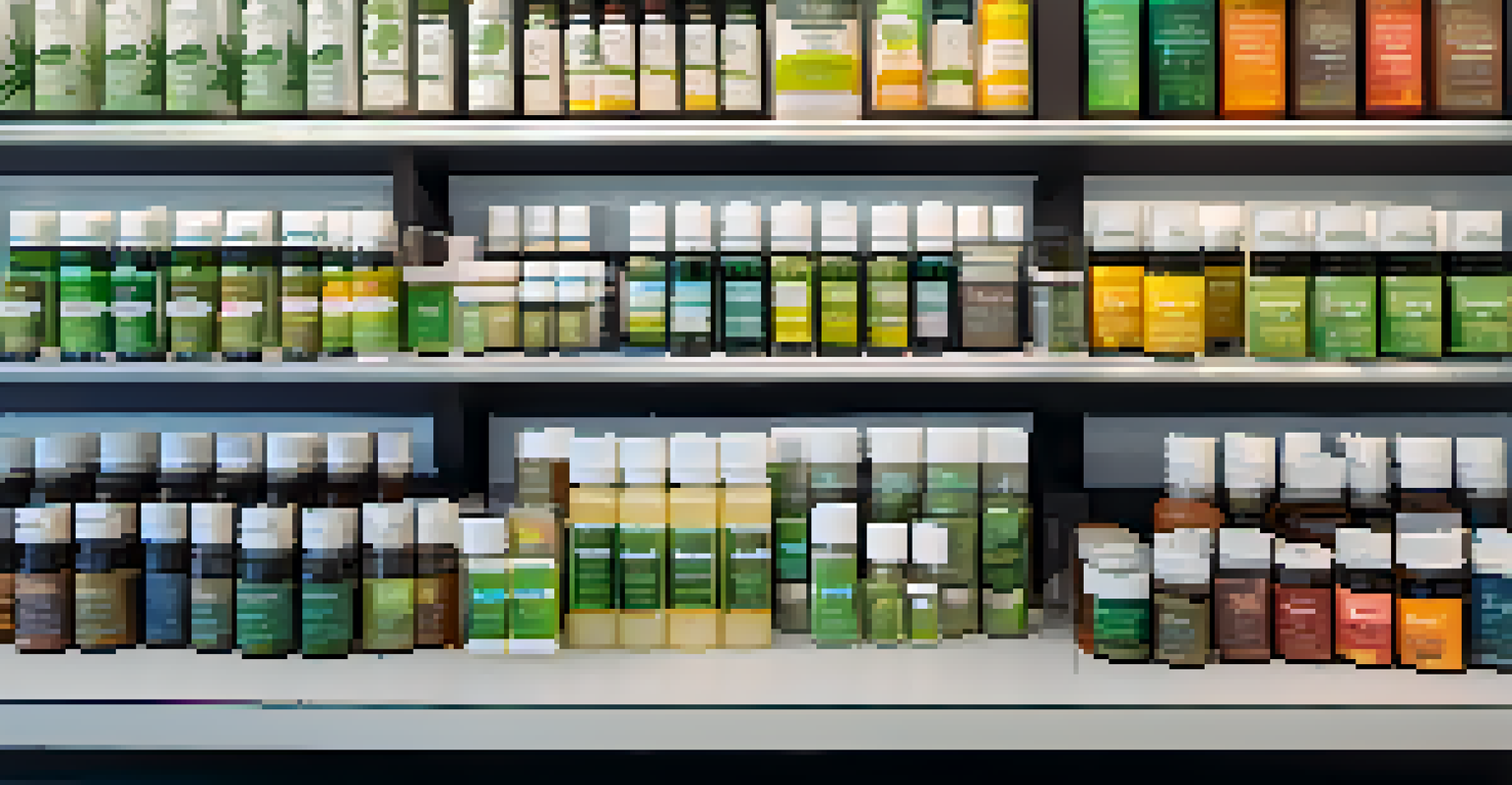 An organized retail display of cannabis products with clear labeling on potency and safety.