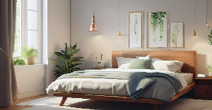 A cozy bedroom with soft lighting, a fluffy bed, and a calming plant, creating a tranquil atmosphere for sleep.
