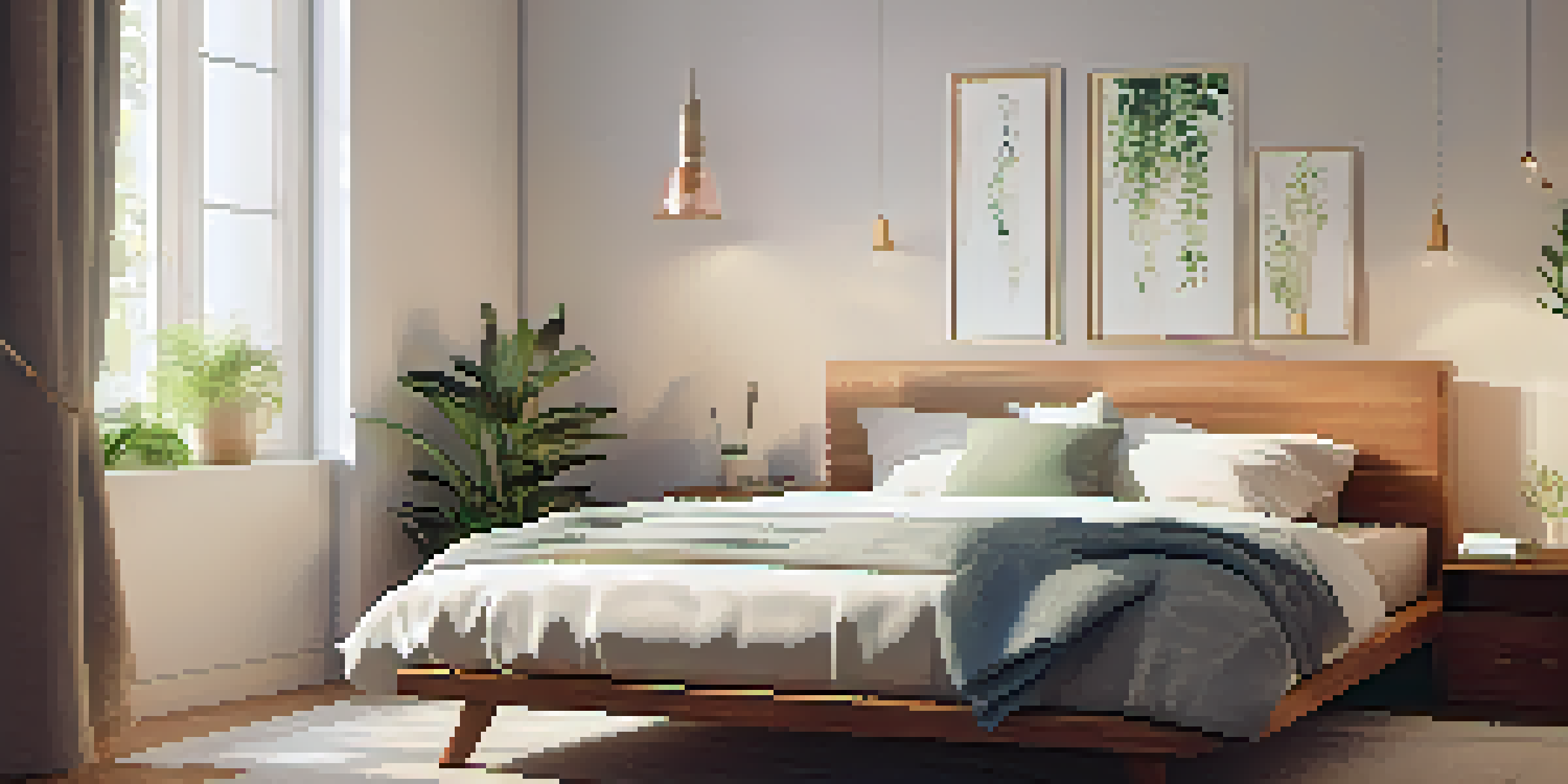 A cozy bedroom with soft lighting, a fluffy bed, and a calming plant, creating a tranquil atmosphere for sleep.