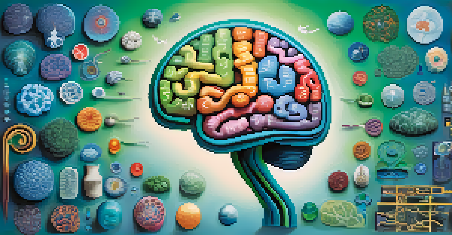 A detailed illustration of a brain surrounded by colorful neurotransmitter symbols on a calming blue and green background.