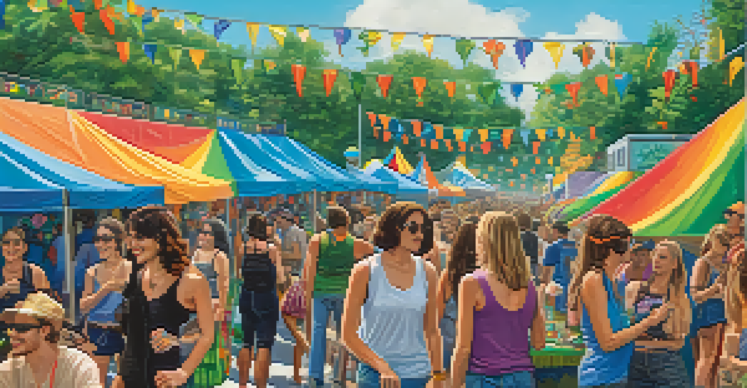 An outdoor cannabis festival with diverse individuals enjoying booths and conversations about gender identity and marijuana culture under a clear blue sky.