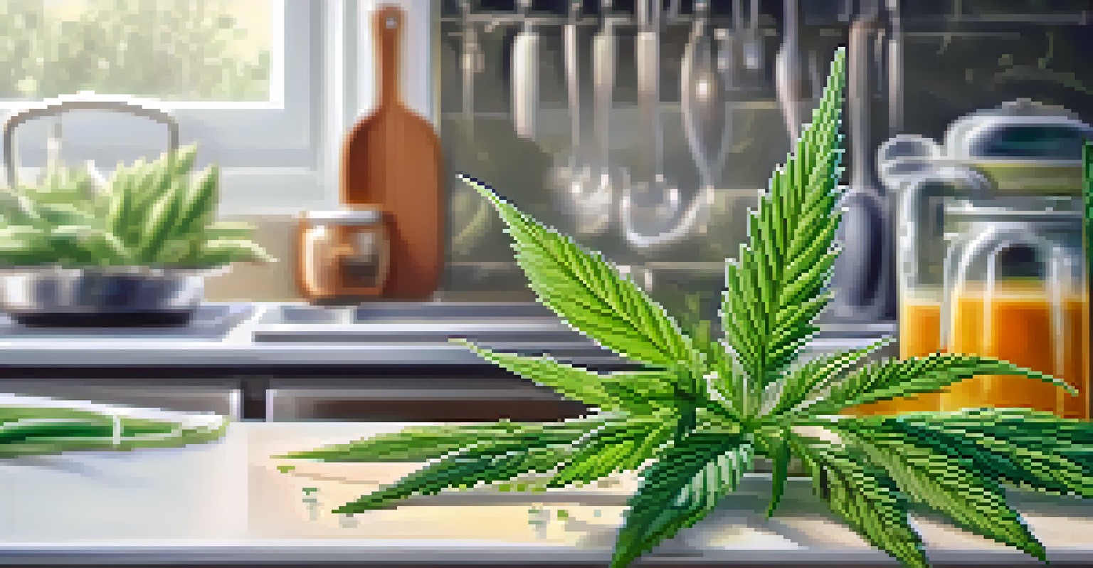 Close-up of a cannabis plant with dew on its leaves, set against a blurred kitchen background with fresh ingredients.