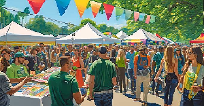 A lively cannabis expo with colorful booths, enthusiastic attendees, and bright sunlight.