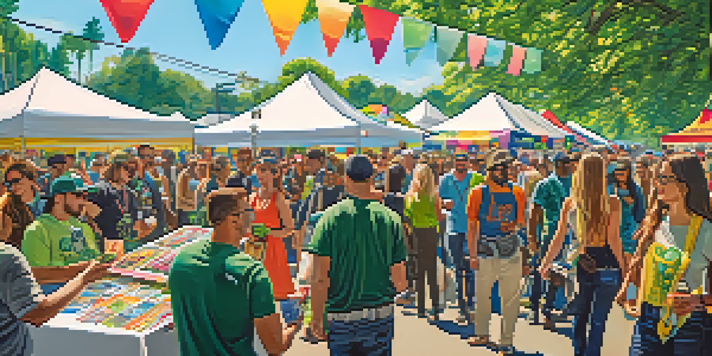 A lively cannabis expo with colorful booths, enthusiastic attendees, and bright sunlight.
