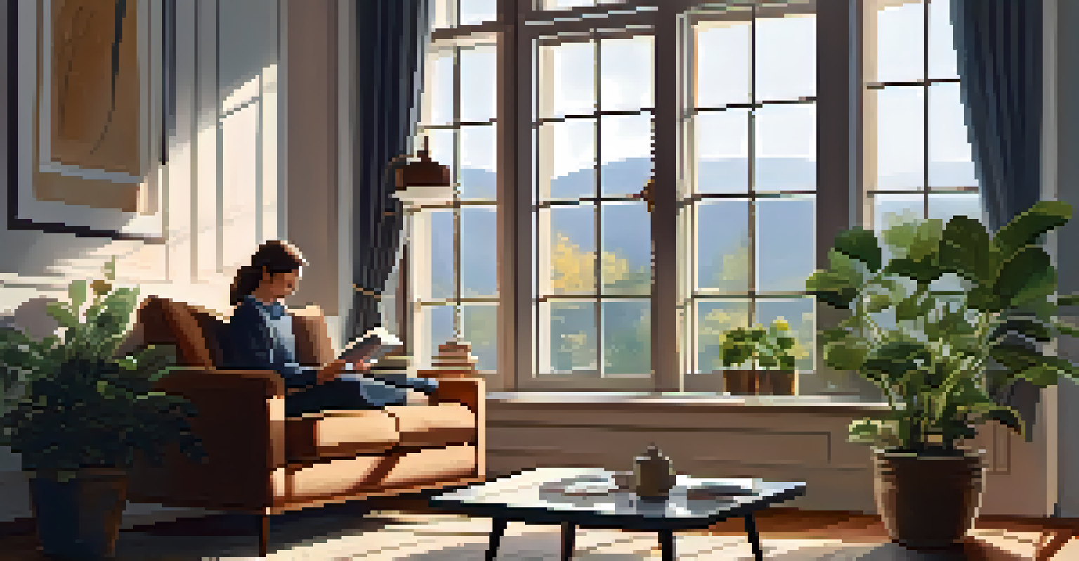 A person reading a book on a cozy couch by a window.