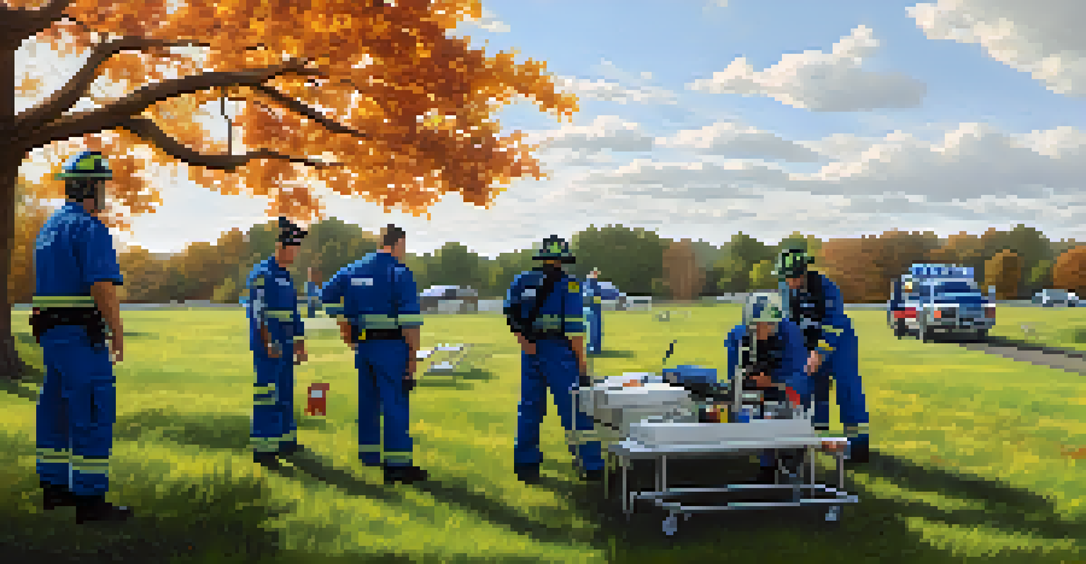 Emergency responders training outdoors, engaging in teamwork and communication exercises.