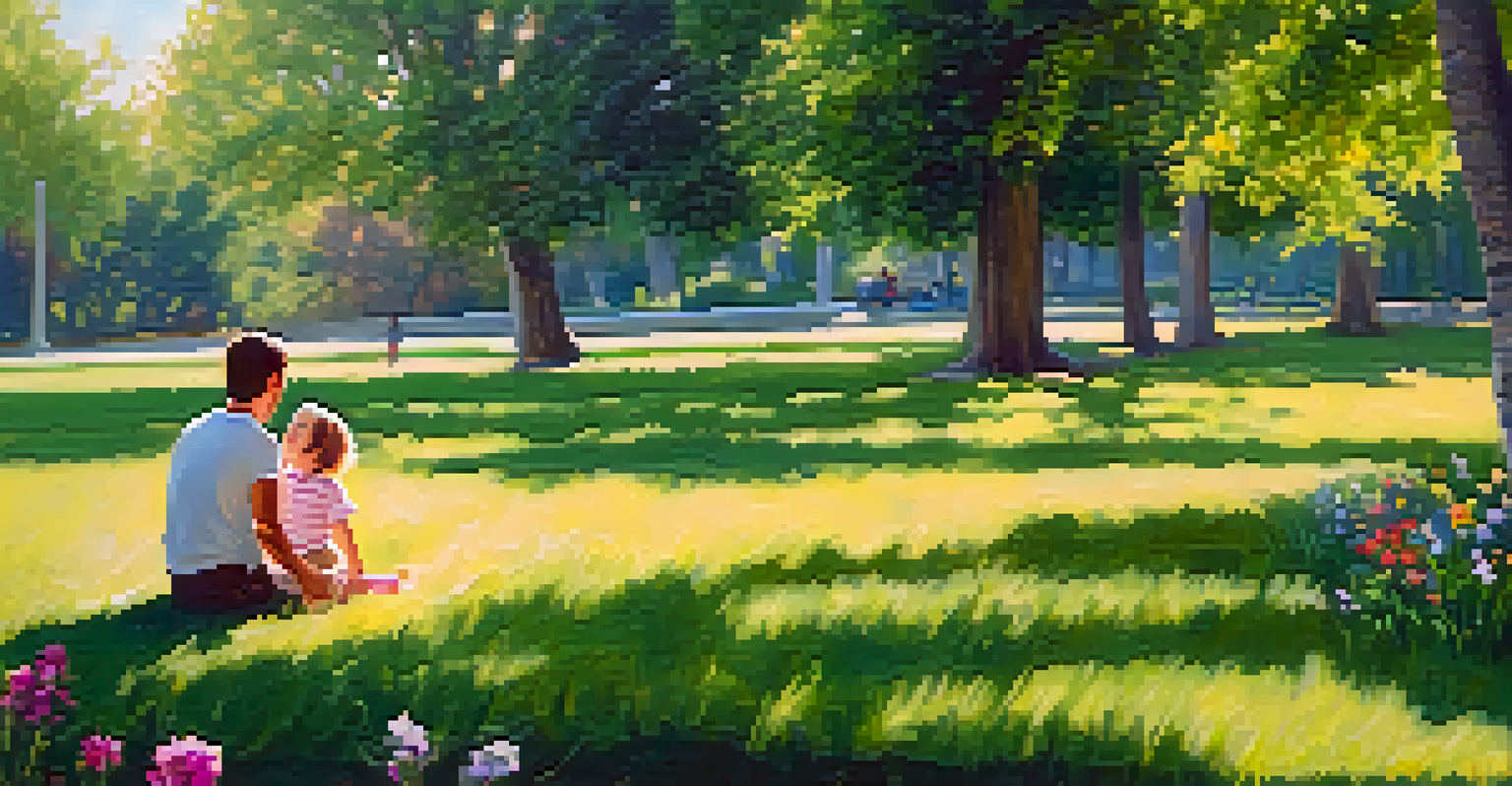 A parent and child playing together in a sunny park filled with greenery and flowers.