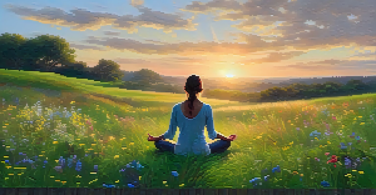 A person meditating in a green field with wildflowers and a sunset in the background.