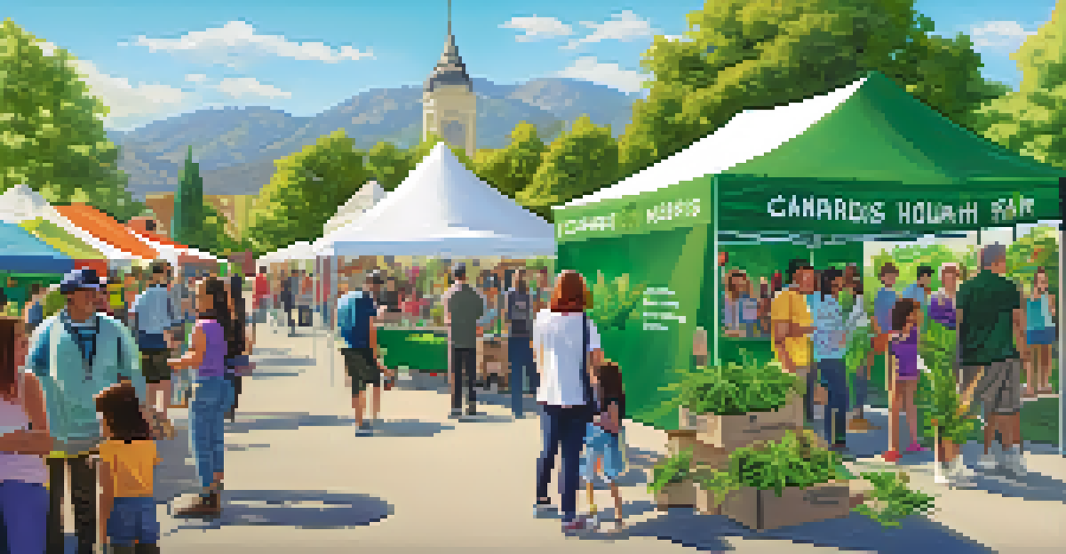 An outdoor community health fair dedicated to cannabis education, with booths and people engaging in discussions under a sunny sky.