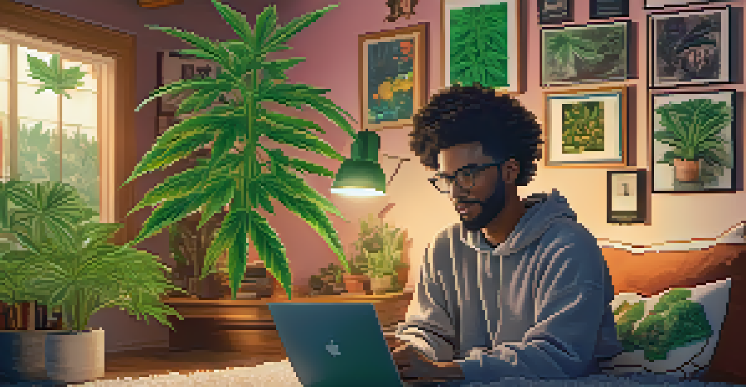 A cannabis influencer filming an educational video about cannabis strains in a cozy indoor setting.