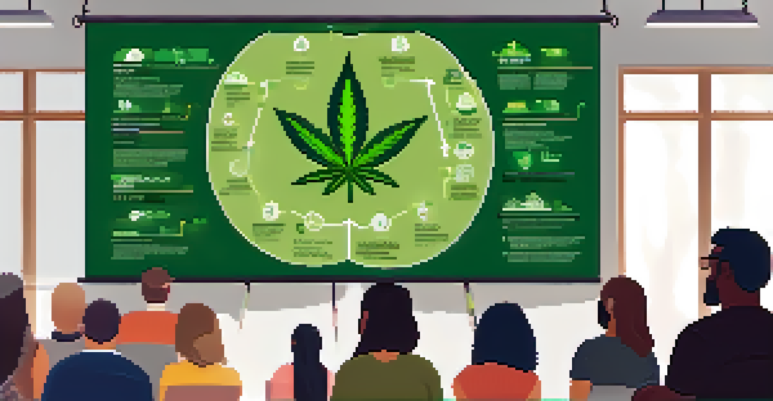 A speaker presenting at a workshop about cannabis laws, with charts and infographics on a projector screen.