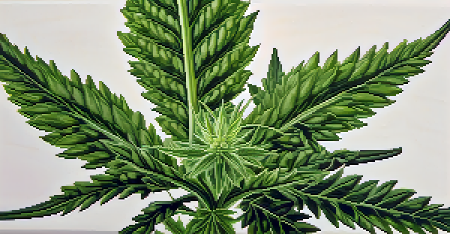 A detailed close-up of a cannabis plant showcasing its green leaves and buds under soft lighting.