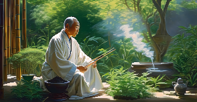 An elderly Chinese healer preparing herbal remedies in a lush garden, surrounded by cannabis plants under soft sunlight.