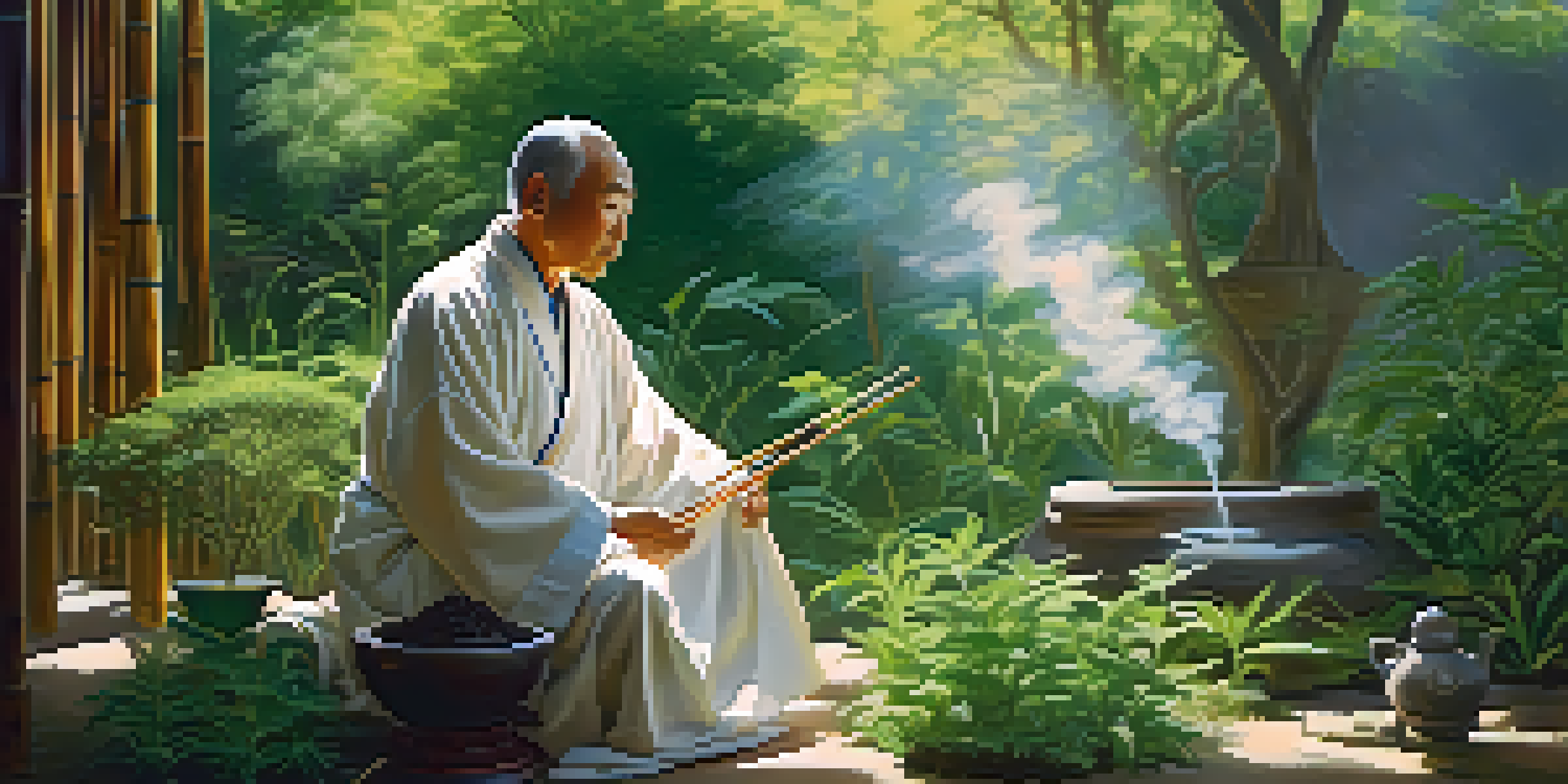 An elderly Chinese healer preparing herbal remedies in a lush garden, surrounded by cannabis plants under soft sunlight.