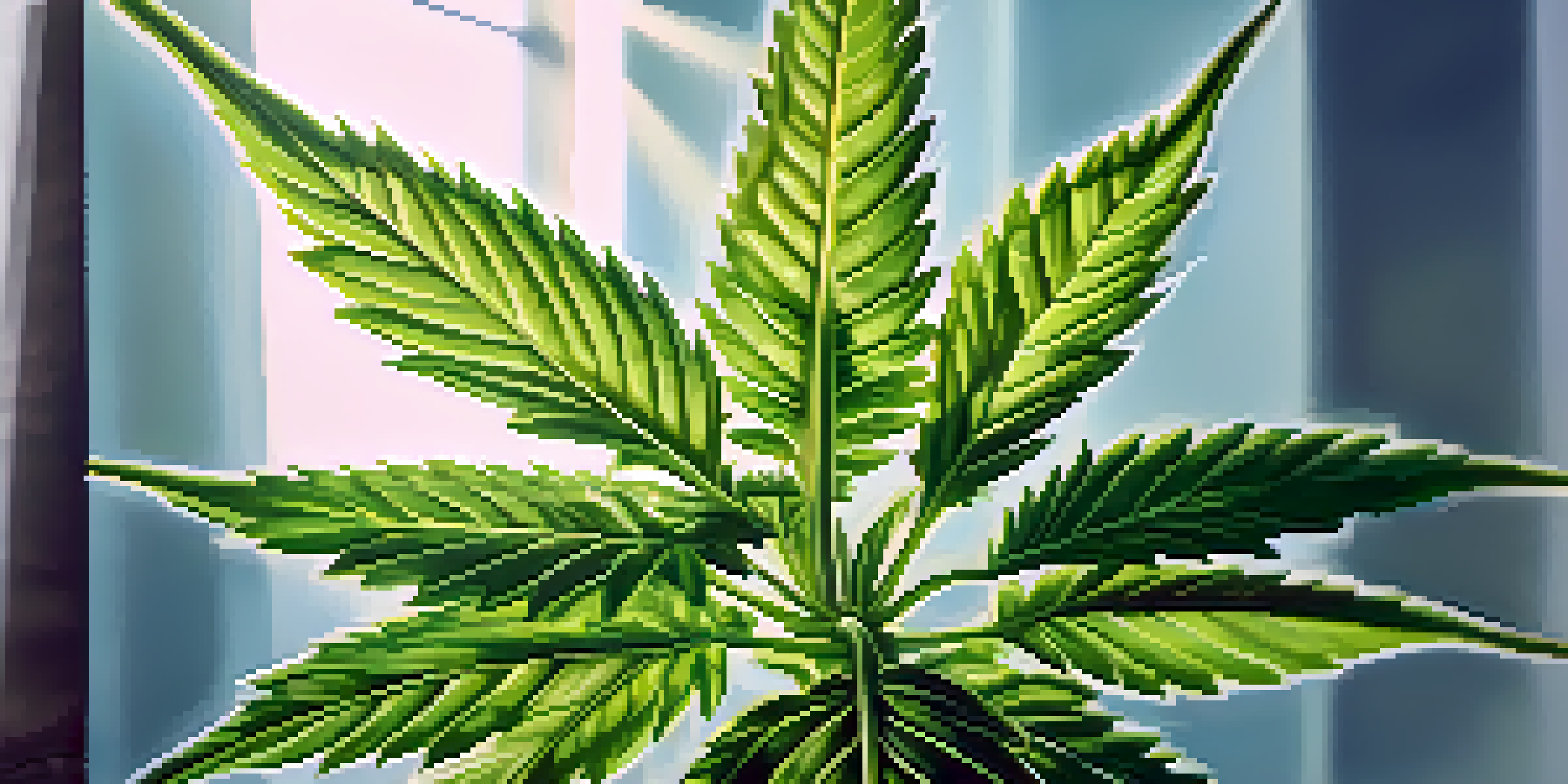A detailed view of a cannabis plant in an indoor grow room, highlighting its green leaves and buds under soft lighting.