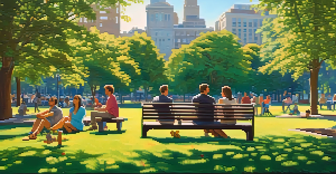 A peaceful park with individuals sitting on benches, enjoying a calm atmosphere, surrounded by greenery and flowers under a clear blue sky.