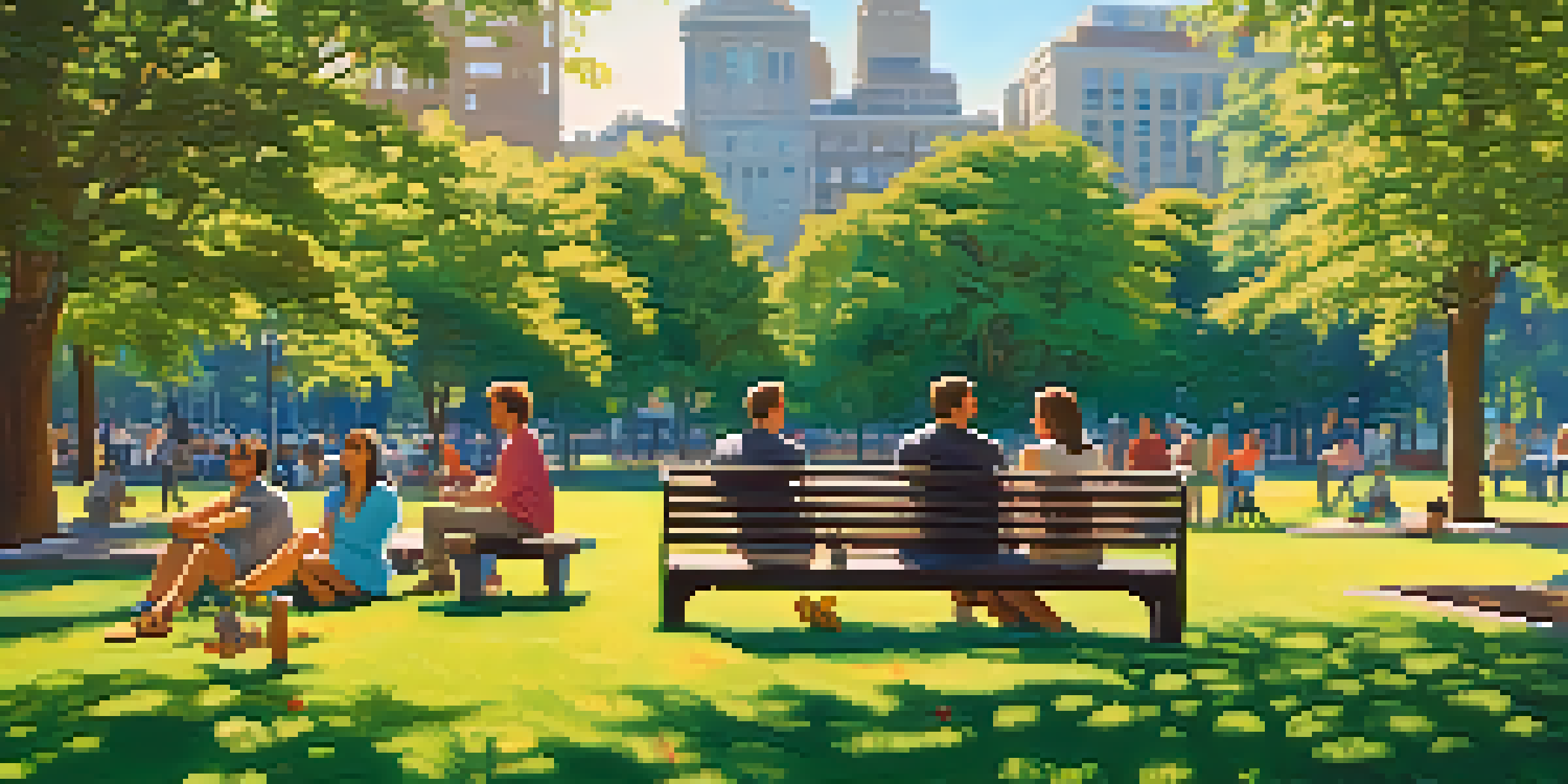 A peaceful park with individuals sitting on benches, enjoying a calm atmosphere, surrounded by greenery and flowers under a clear blue sky.