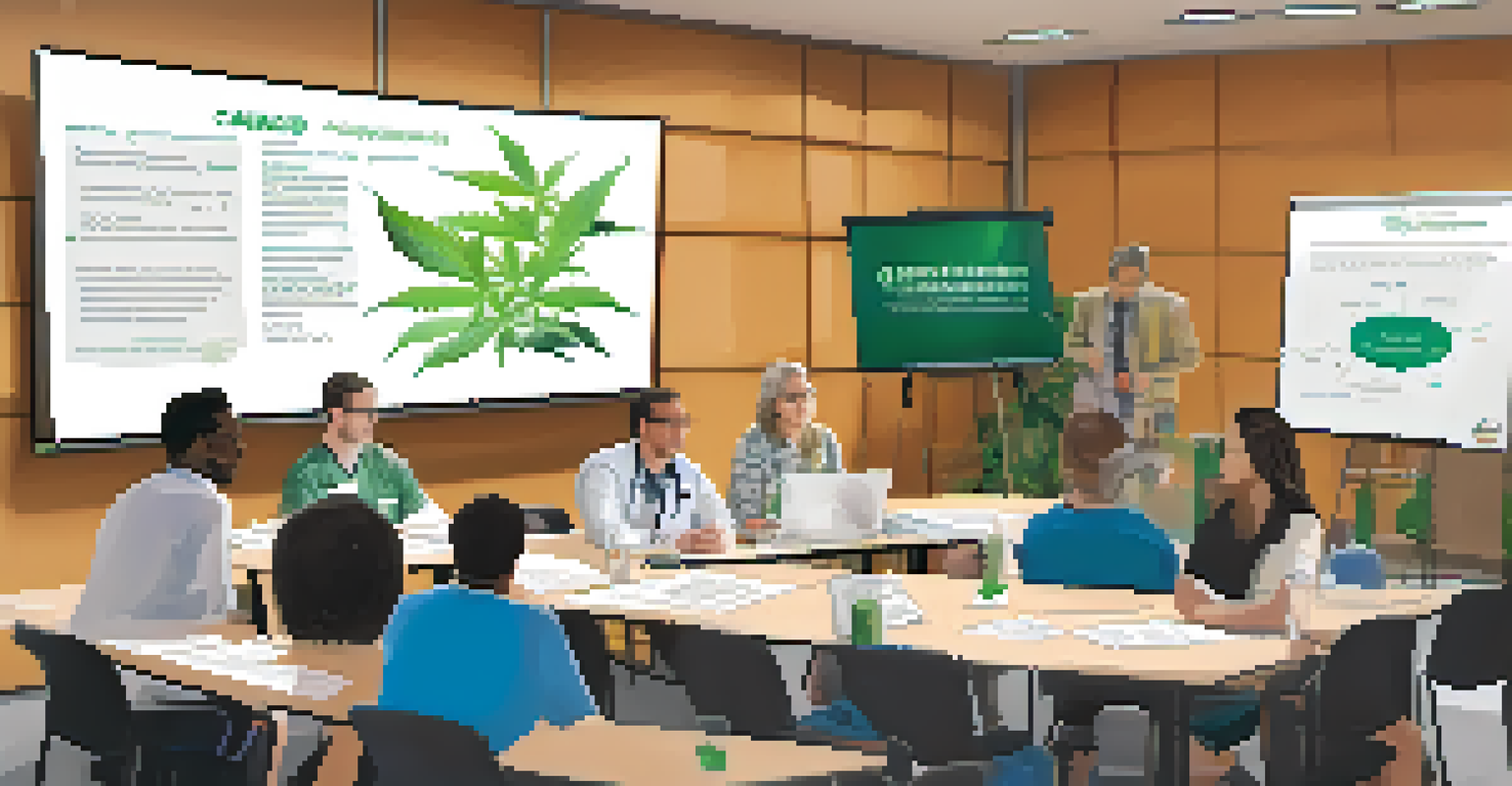 A meeting between health organizations and cannabis advocates discussing community health initiatives, surrounded by research materials and a whiteboard.