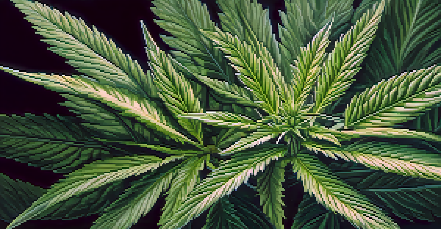 A close-up of a cannabis plant showing detailed leaves and buds, with soft lighting and a blurred background.