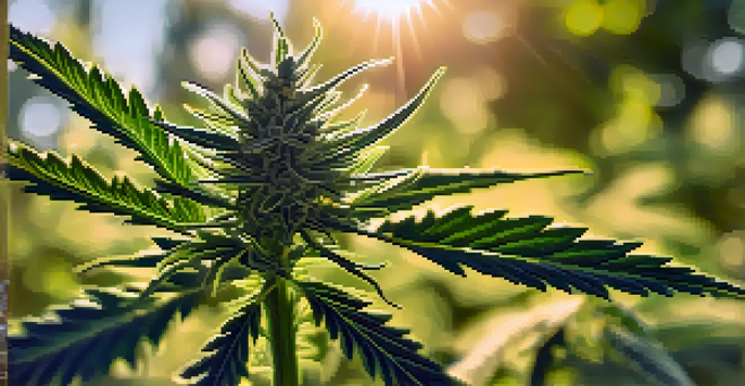 A detailed close-up of a cannabis plant with green leaves and buds, illuminated by sunlight in a garden.