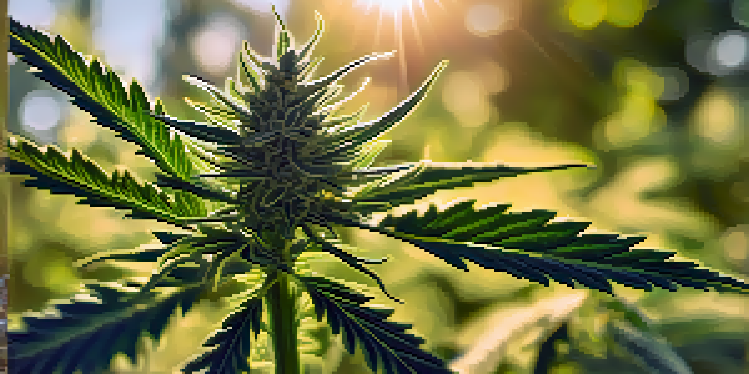 A detailed close-up of a cannabis plant with green leaves and buds, illuminated by sunlight in a garden.