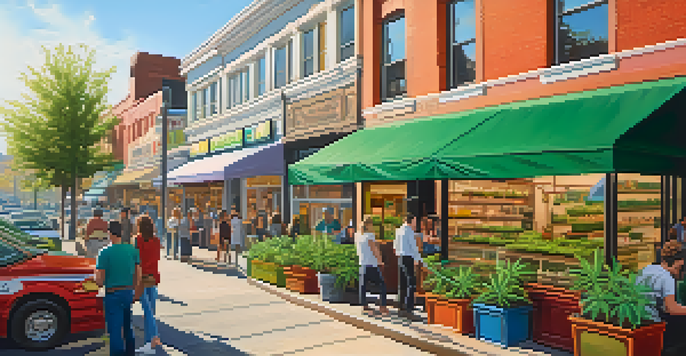 A lively street filled with diverse people and colorful cannabis dispensaries, surrounded by greenery and bright sunlight.