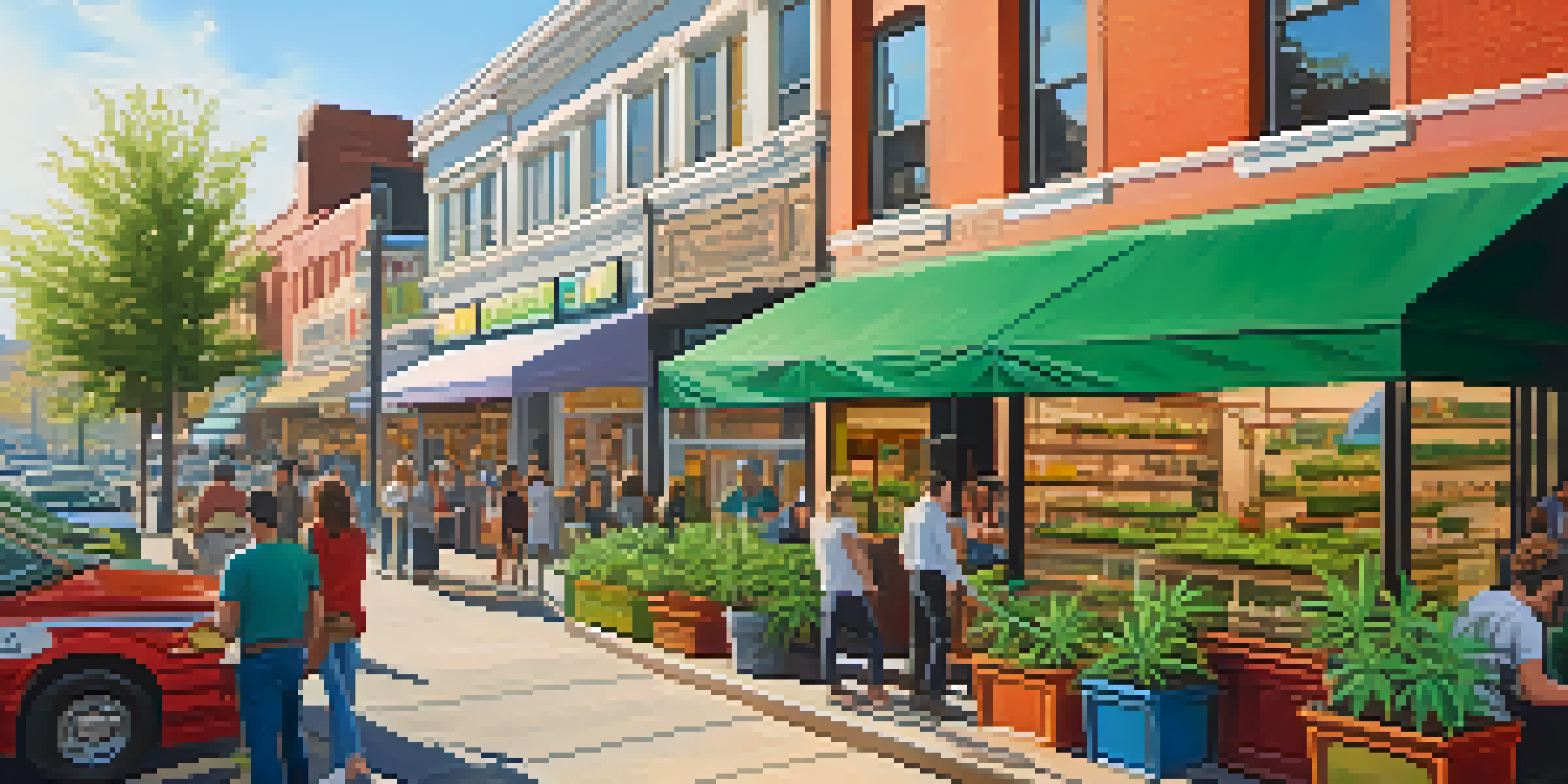 A lively street filled with diverse people and colorful cannabis dispensaries, surrounded by greenery and bright sunlight.
