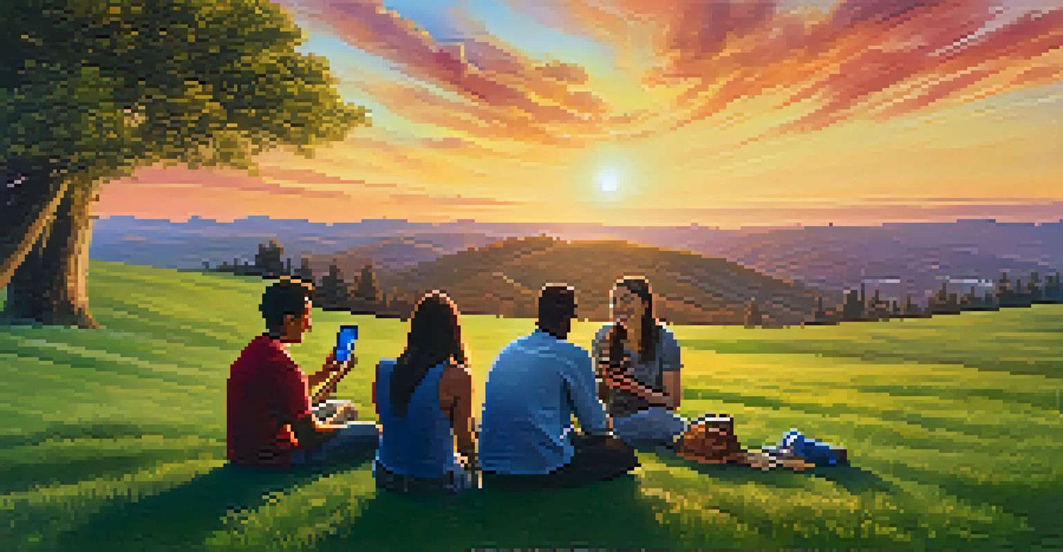 A group of friends sitting on a grassy hill at sunset, discussing while holding smartphones, with a colorful sky in the background.