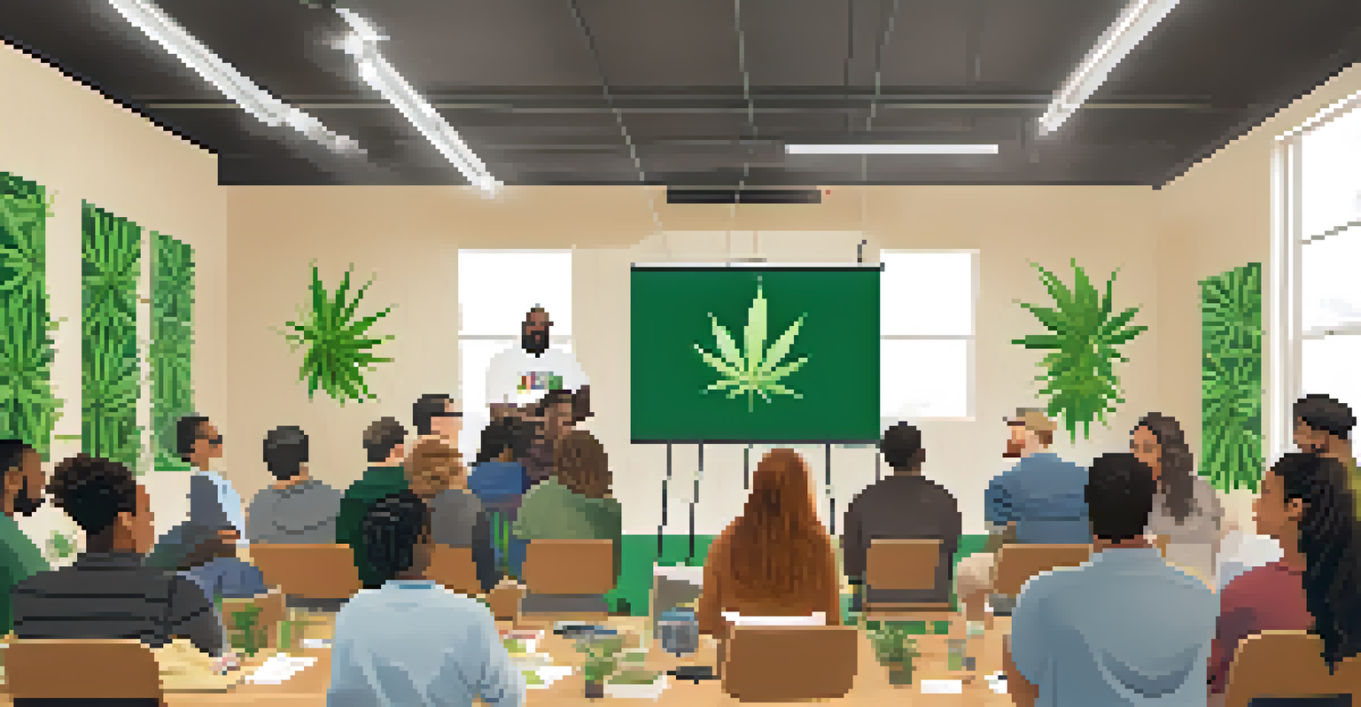 A community workshop on cannabis legalization, featuring a diverse group of attendees discussing laws and health benefits, with a projector displaying slides.