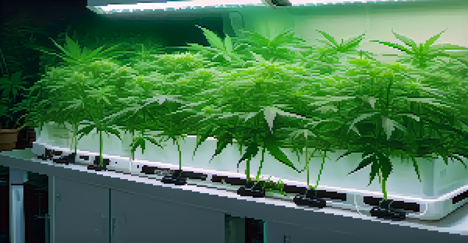 A hydroponic setup with cannabis plants in nutrient solution and a digital pH meter, reflecting in the water.