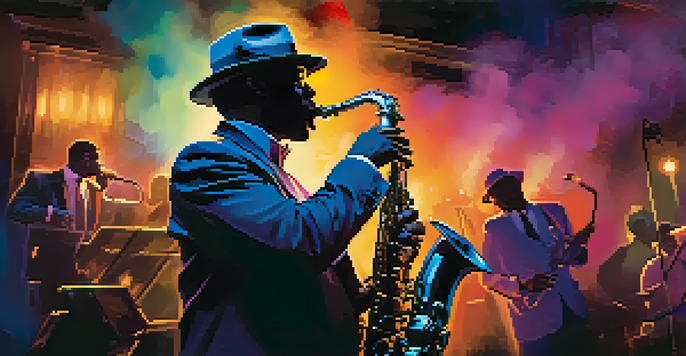 A lively jazz club with a saxophonist performing, warm lighting, and silhouettes of an audience enjoying the music.