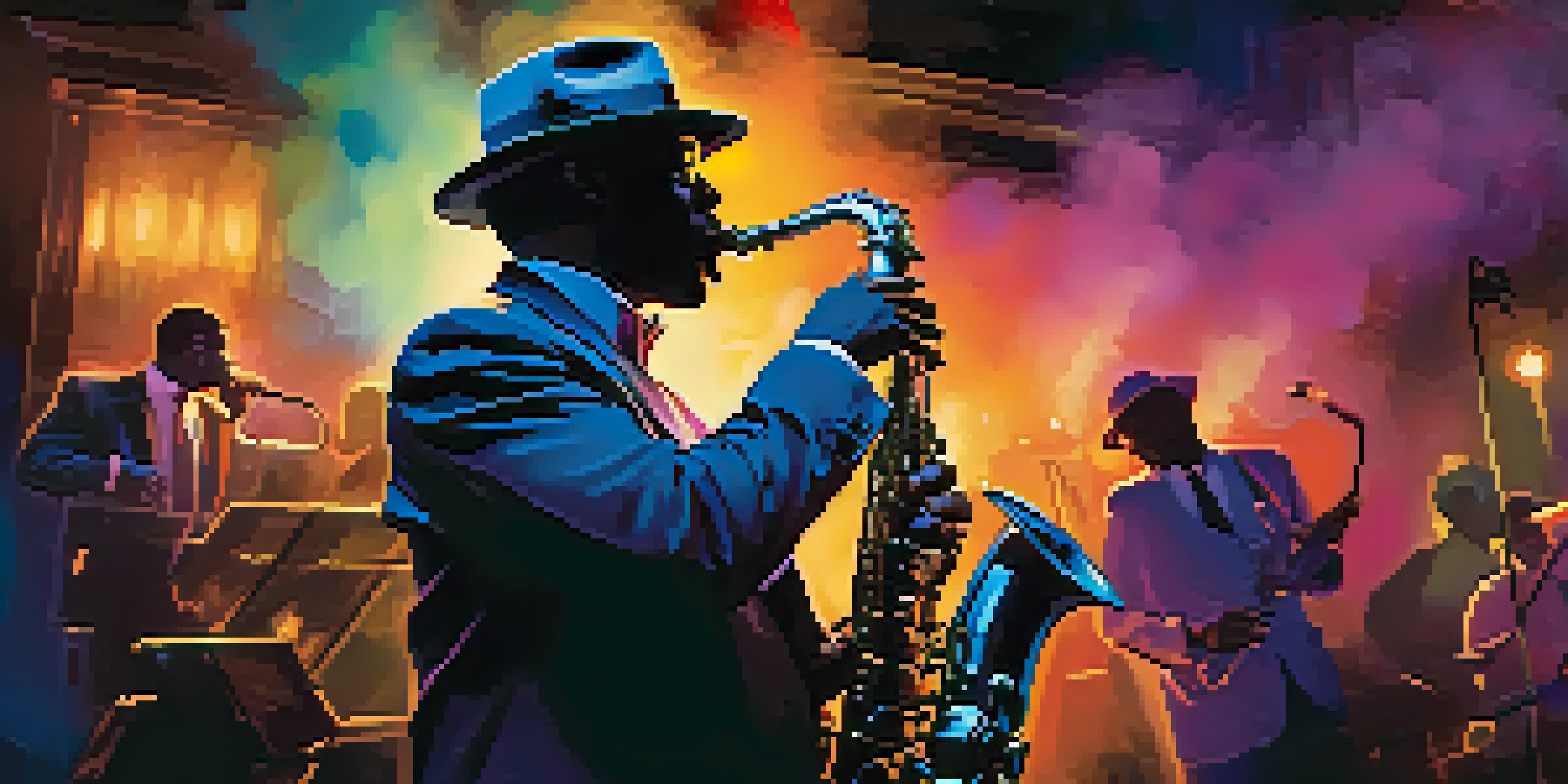 A lively jazz club with a saxophonist performing, warm lighting, and silhouettes of an audience enjoying the music.