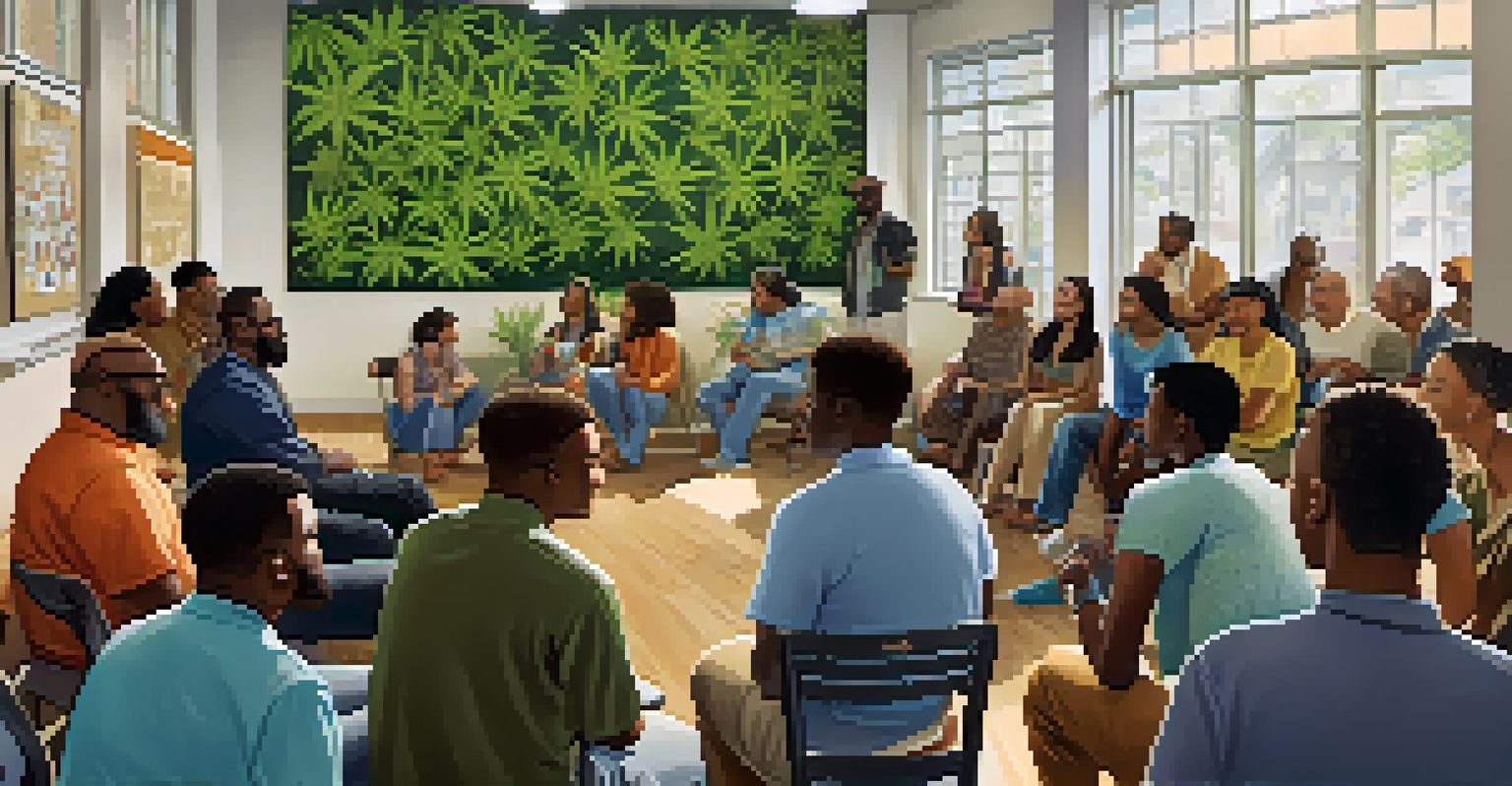 A diverse group of people in a community meeting discussing marijuana legalization in a welcoming environment.