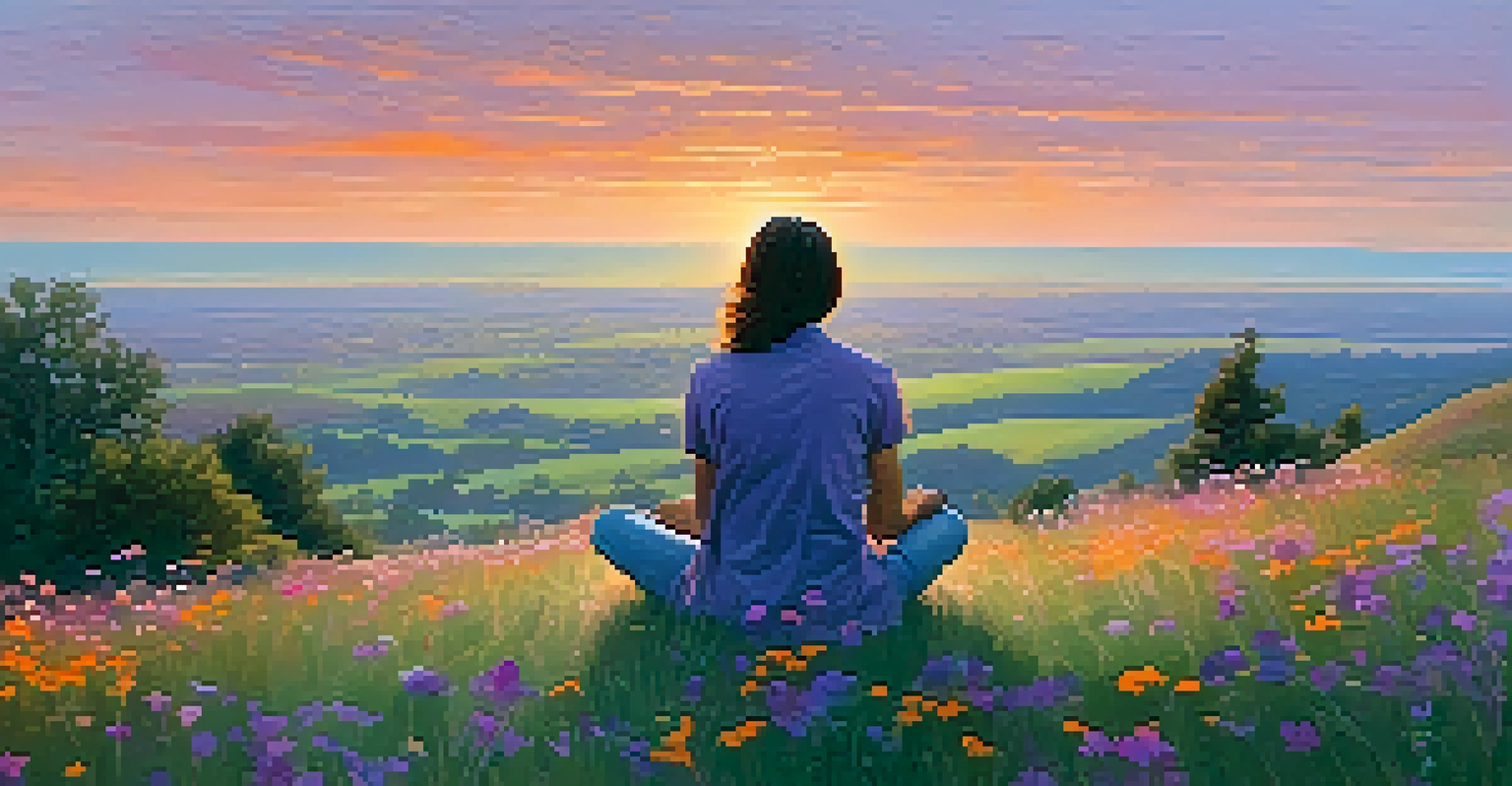 A person practicing mindfulness on a grassy hilltop during a colorful sunset.