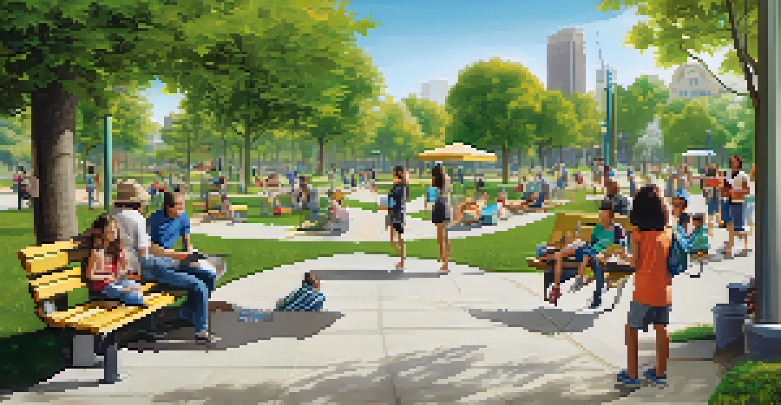 A public health campaign poster about marijuana safety displayed in a sunny park, with families and individuals reading it.