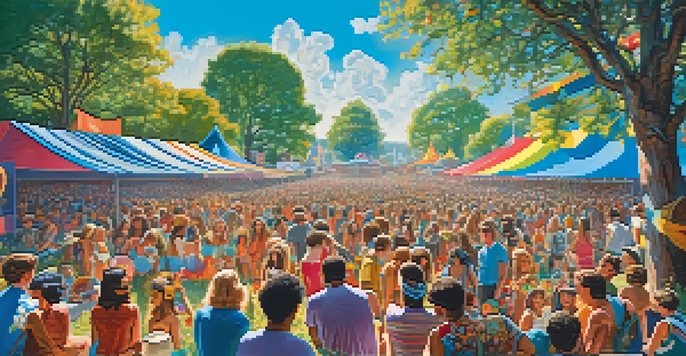 A lively music festival scene from the 1960s with a diverse crowd in psychedelic clothing, enjoying performances under a bright blue sky.