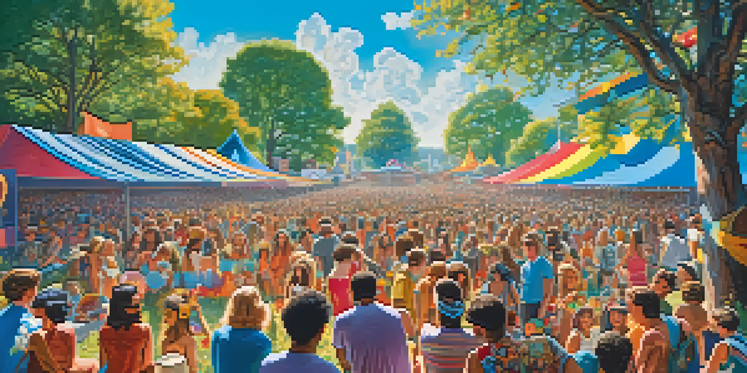 A lively music festival scene from the 1960s with a diverse crowd in psychedelic clothing, enjoying performances under a bright blue sky.