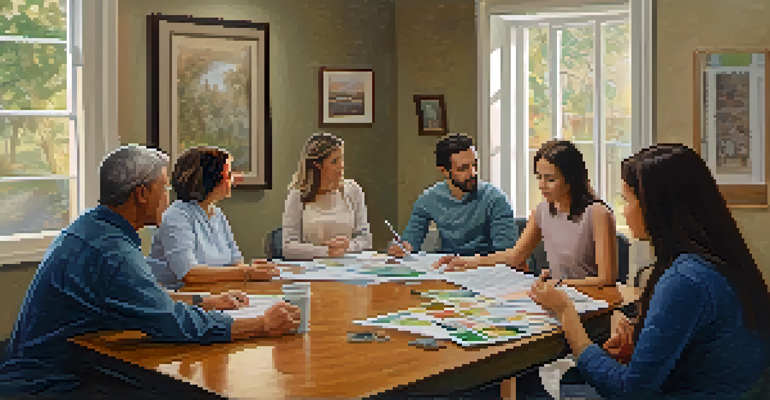 A family therapy session with members and a therapist discussing in a warm, inviting room filled with family photos.