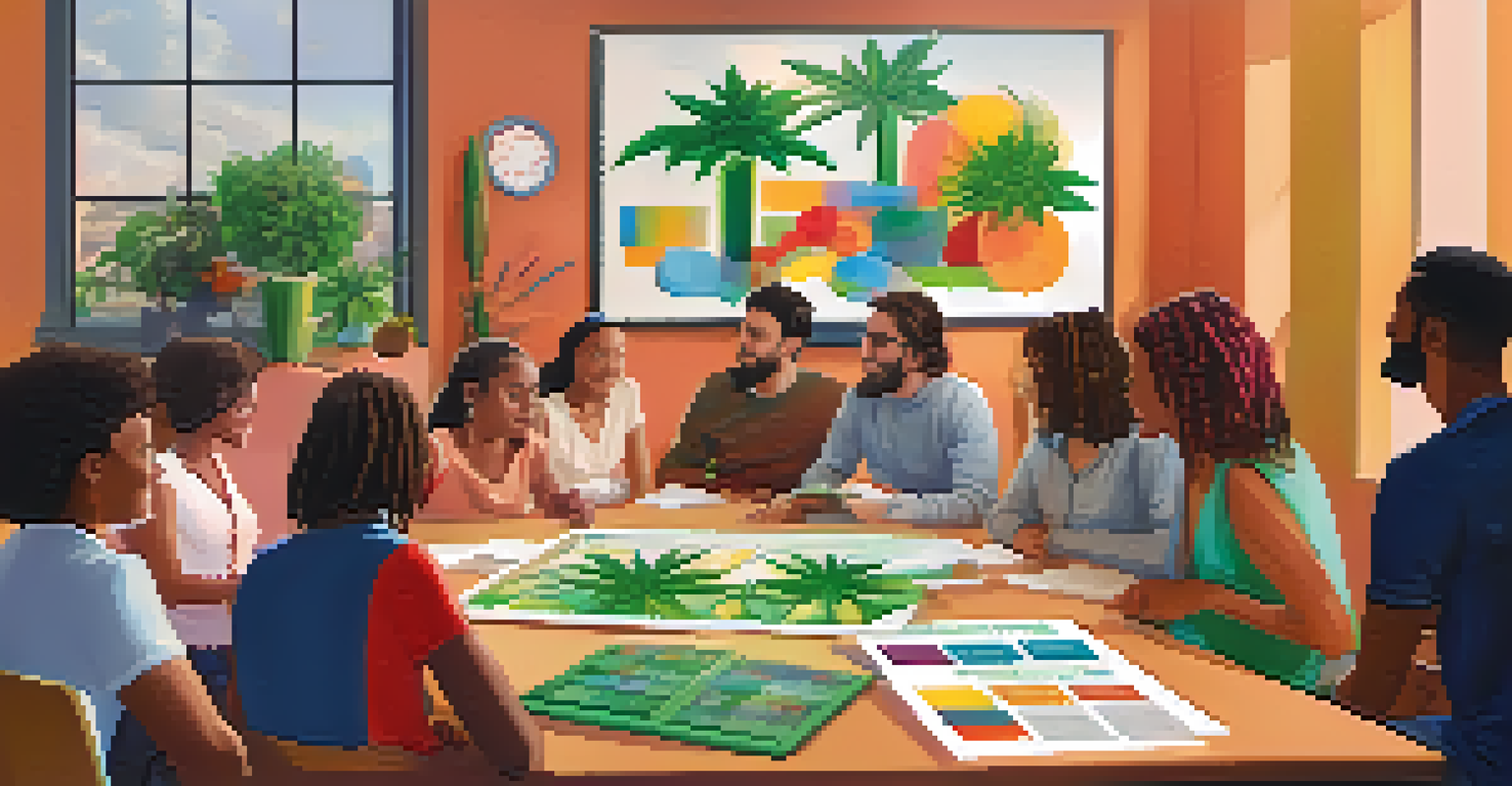 A workshop where a diverse group of people learns about responsible marijuana use with charts and graphics.