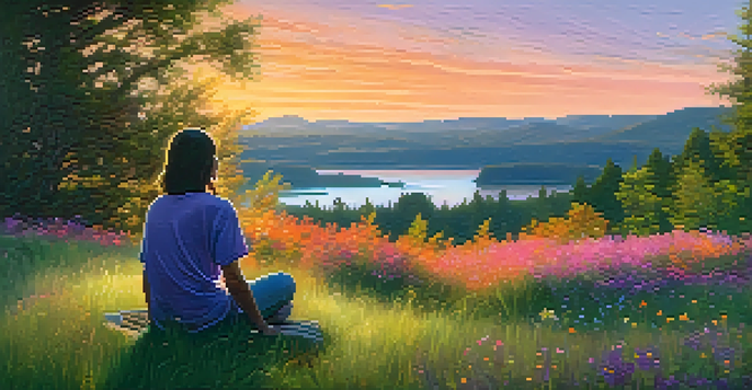 A person sitting on a grassy hill at sunset, surrounded by wildflowers and a lake, with a colorful sky.
