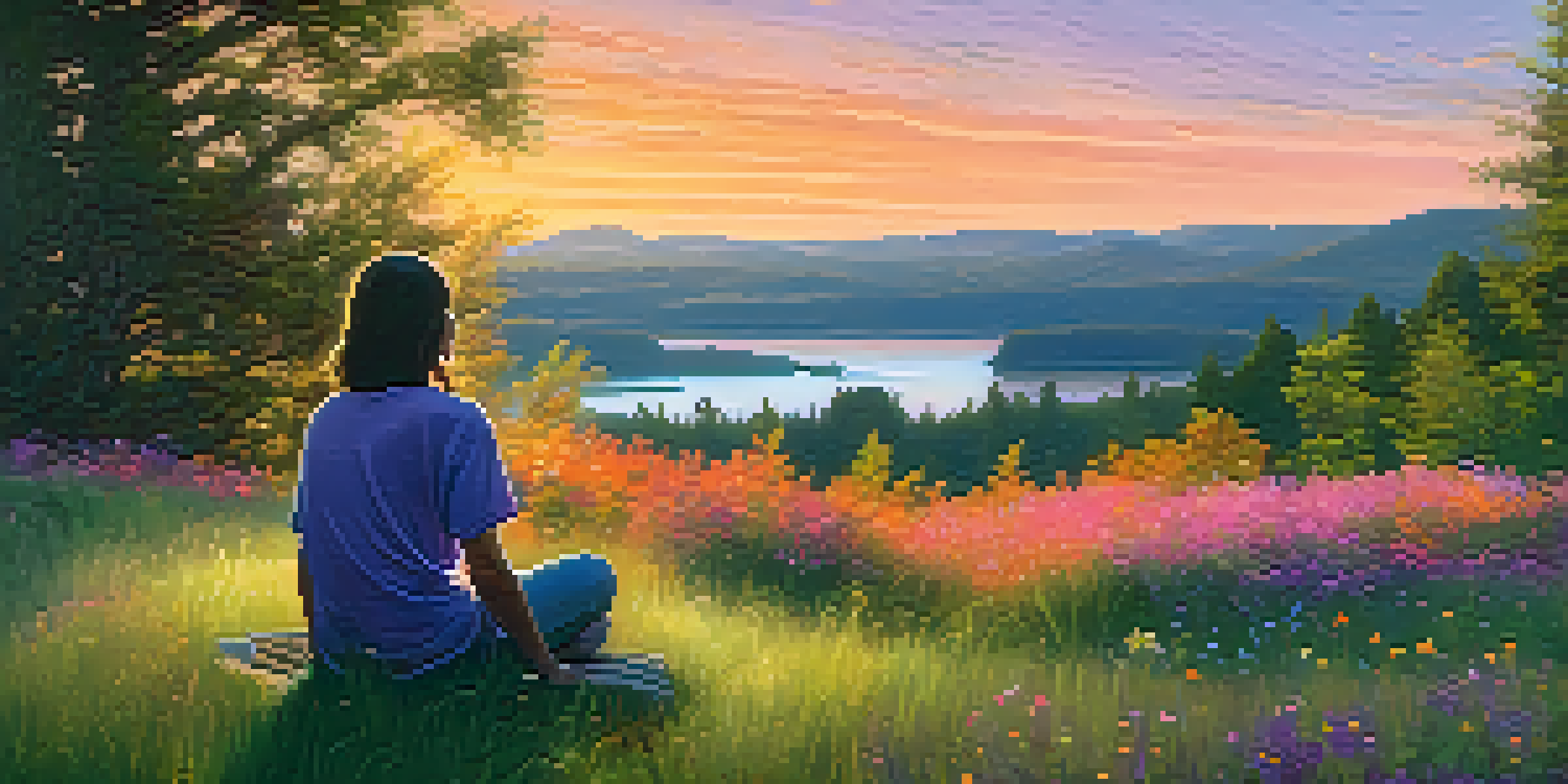 A person sitting on a grassy hill at sunset, surrounded by wildflowers and a lake, with a colorful sky.